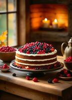 Foto von das Kuchen dekoriert mit Beeren auf das hölzern Tabelle mit Kerzen ai generativ