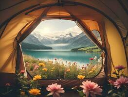Camping im das Berge. Aussicht von das Fenster von ein Tourist Zelt. foto