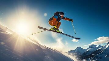 ai generativ Winter extrem Sport cool Schuss von Ski im Bewegung foto