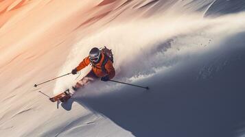 ai generativ Winter extrem Sport cool Schuss von Ski im Bewegung foto