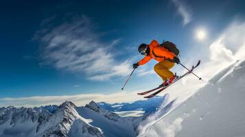 ai generativ Winter extrem Sport cool Schuss von Ski im Bewegung foto