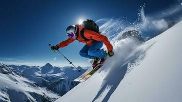 ai generativ Winter extrem Sport cool Schuss von Ski im Bewegung foto