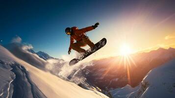 ai generativ Winter extrem Sport cool Schuss von Snowboard im Bewegung foto