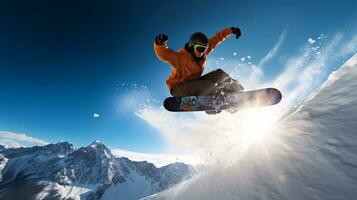 ai generativ Winter extrem Sport cool Schuss von Snowboard im Bewegung foto