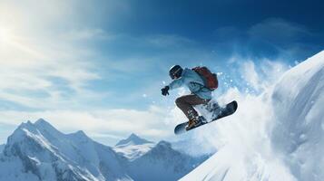 ai generativ Winter extrem Sport cool Schuss von Snowboard im Bewegung foto