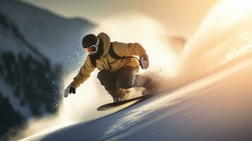 ai generativ Winter extrem Sport cool Schuss von Snowboard im Bewegung foto