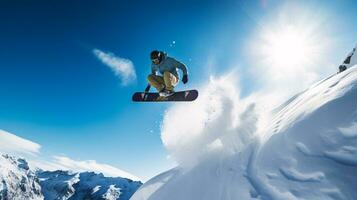 ai generativ Winter extrem Sport cool Schuss von Snowboard im Bewegung foto