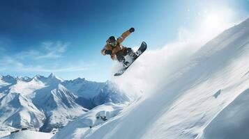 ai generativ Winter extrem Sport cool Schuss von Snowboard im Bewegung foto