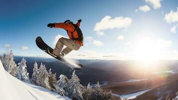 ai generativ Winter extrem Sport cool Schuss von Snowboard im Bewegung foto