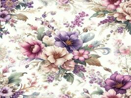 schön Frühling Blumen- nahtlos Muster mit Blumen Blätter lila und Rosa auf Weiß Hintergrund. Hand zeichnen foto