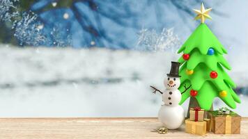 das Schneemann und Weihnachten Baum zum Prominente oder Urlaub Konzept 3d Wiedergabe. foto