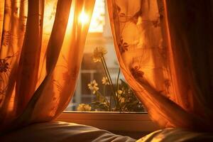 Aussicht von das Fenster mit Vorhänge im das Sonne. Zuhause Komfort. generiert durch künstlich Intelligenz foto