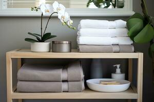 hölzern Tabelle mit Handtücher und Leben Pflanzen im das Badezimmer. Badezimmer Zubehör. generiert durch künstlich Intelligenz foto