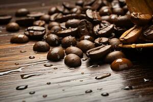 Kaffee Bohnen auf ein dunkel hölzern Hintergrund ai generiert foto