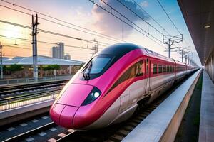 hoch Geschwindigkeit Zug auf Eisenbahn Bahnhof beim Sonnenuntergang, Shanghai China, das schnelle Geschwindigkeit Zug im Bangkok, Thailand, ai generiert foto