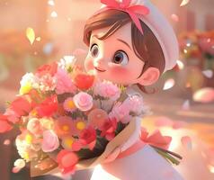 ai generiert süß wenig Mädchen halten ein Strauß von Blumen im Mütter Tag. International Damen Tag. st. Valentinsgrüße Tag Konzept. Kopieren Raum foto