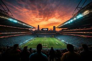 Fußball Stadion überfüllt mit Fans. dunkel Himmel mit Wolken Über das Stadion. Sport Wettbewerb Konzept. generiert durch künstlich Intelligenz foto