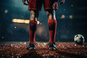 Beine von ein Fußball Spieler im das Stadion Nächster zu das Schwert. atmosphärisch Bokeh im das Hintergrund. Welt Tasse Konzept. generiert durch künstlich Intelligenz foto