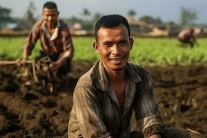 indonesisch Mann und schwer Arbeit ai generativ foto