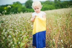 Flagge von Ukraine im Hände von lächelnd wenig Mädchen. glücklich Kind trägt Gelb / Blau Flagge. Tag von Ukraine Unfähigkeit. foto