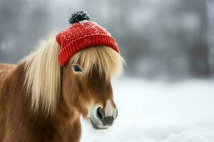 Pony rot Hut Winter Jahreszeit. generieren ai foto