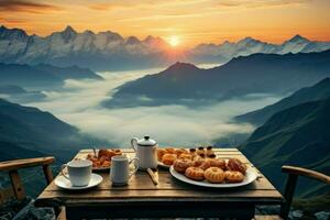 heiter Frühstück Berge Winter. generieren ai foto