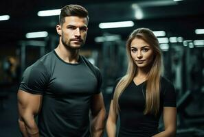 jung Trainer und Frau beschäftigt, verlobt im Stadt Fitnessstudio. generieren ai foto