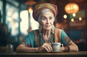 schön Senior Frau Trinken Kaffee. generieren ai foto