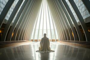 Person Gebet im das Tempel generativ ai. foto