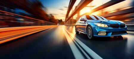 Blau BMW Auto Fahren auf das Autobahn beim Sonnenuntergang. ai generativ foto