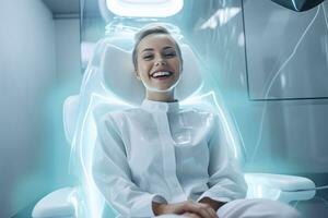 ein Frau Sitzung im ein Dental Stuhl lächelnd. generativ ai foto