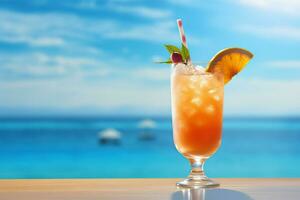 Meer Brise Cocktail auf Hintergrund mit Blau Meer und Himmel tropisch Hintergrund. ai generativ foto