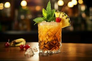 Glas von frisch Mai tai Cocktail mit Ananas, Minze und Kirsche auf das Bar Schalter. ai generativ foto