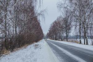 schneebedeckt Straße mit Birken ohne Laub. Auto auf ein rutschig Straße. gerollt Spur auf zuerst Schnee. Achtung von driftet. foto