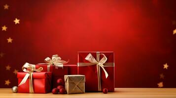 Weihnachten Geschenke Karte auf ein hölzern Tabelle mit ein rot generiert durch ai foto