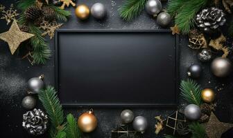 Foto Rahmen von schön schwarz Farbe Weihnachten Ornamente ai generiert