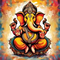 Ganesh--Hindu-Lord-Ganesha-auf-dekorativem-Hintergrund--grafisches-Poster-moderne-Kunst, Herr Ganesha Skulptur mit dekorativ Elemente - - ai generativ foto