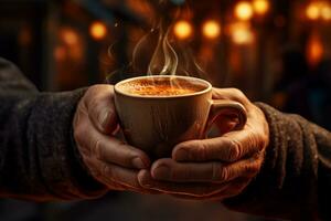 Hand halten ein Tasse von Kaffee herzerwärmend Stimmung foto