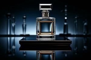 Parfüm Flasche Attrappe, Lehrmodell, Simulation zum Parfüm Produkt auf das Tabelle dunkel und Luxus Hintergrund foto