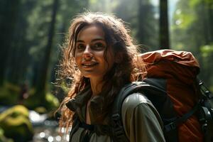 Porträt von Wanderer Frau auf das Natur Hintergrund foto