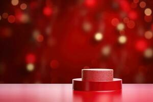leeren rot Podium auf ein rot Hintergrund mit verschwommen Bokeh Weihnachten Spielzeuge. Sockel oder Bühne spotten oben zum Ihre Produkt. foto