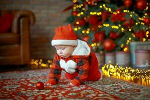 wenig überrascht Kind im Santa Kostüm im festlich Zimmer auf Weihnachten Vorabend. Mädchen auf Hintergrund von Weihnachten Baum. foto