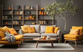 stilvoll Orange Farbe Leben Zimmer mit Design Möbel, Pflanzen, Buch Stand und hölzern Schreibtisch. modern Dekor von hell Zimmer. erstellt mit generativ ai foto