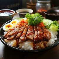 köstlich knusprig Schweinefleisch und rot Schweinefleisch auf Reis und Rindfleisch Reis generieren ai foto
