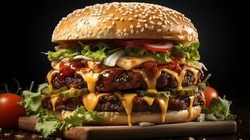 Rindfleisch Burger auf schwarz und Weiß Hintergrund generieren ai foto