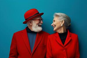 stilvoll gekleidet Alten Frau und Mann im ein positiv Stimmung auf ein bunt Hintergrund. ai generiert foto