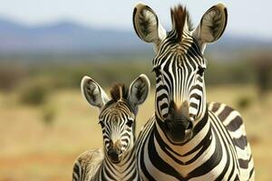 Porträt von ein Zebra mit jung wenig Kind Zebra Stehen gegen ein Grün Busch, ai generiert foto