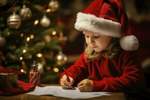 wenig europäisch Mädchen Schreiben Brief zu Weihnachtsmann, Wunsch aufführen von die Geschenke zum Weihnachten im dekoriert Zimmer, ai generiert foto