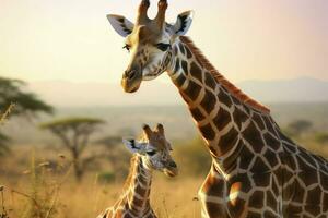 Nahansicht Porträt Giraffe und Kind Giraffe auf Blau Himmel Hintergrund suchen runter, ai generiert foto