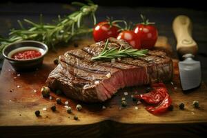 roh organisch marmoriert Rindfleisch Steaks mit Gewürze auf ein hölzern Schneiden Tafel auf ein schwarz Hintergrund. ai generiert foto